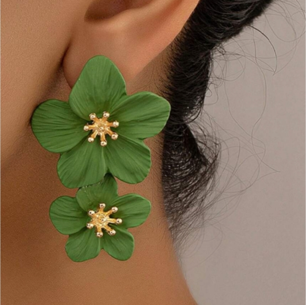 Green Double Flower Earrings